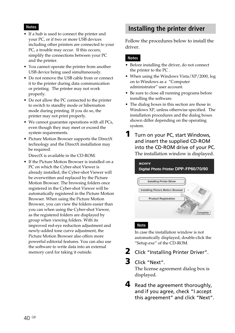 Installing the printer driver, Printer driver | Sony DPP-FP70 User Manual | Page 40 / 84