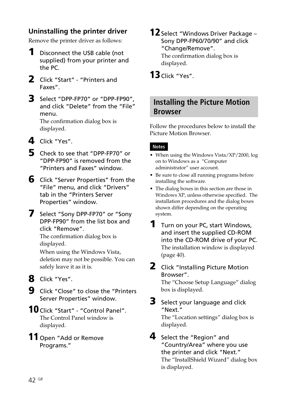 Installing the picture motion browser, Picture motion browser, Printer driver | Sony DPP-FP70 User Manual | Page 42 / 84