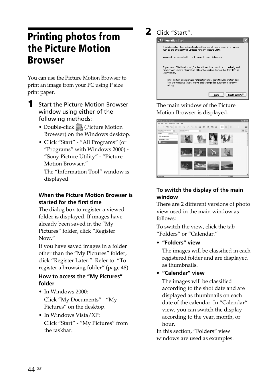 Printing photos from the picture motion browser, Picture motion browser, Using the picture motion browser | Printing photos from the | Sony DPP-FP70 User Manual | Page 44 / 84