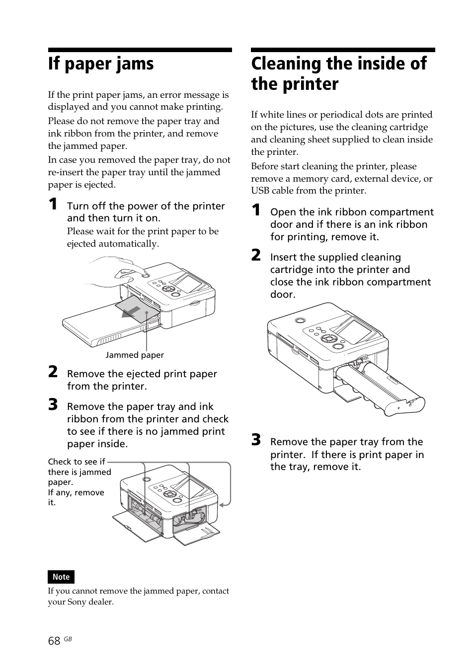 If paper jams, Cleaning the inside of the printer, Cleaning | Paper jams, If paper jams cleaning the inside of the printer | Sony DPP-FP70 User Manual | Page 68 / 84