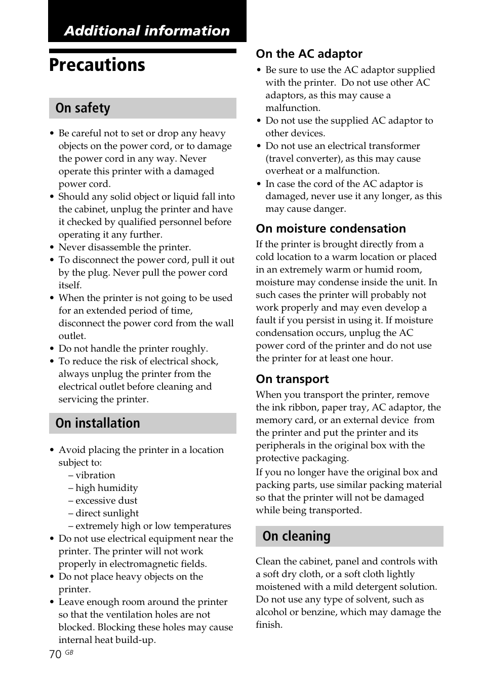 Additional information, Precautions, On safety | On installation, On cleaning, On safety on installation on cleaning | Sony DPP-FP70 User Manual | Page 70 / 84