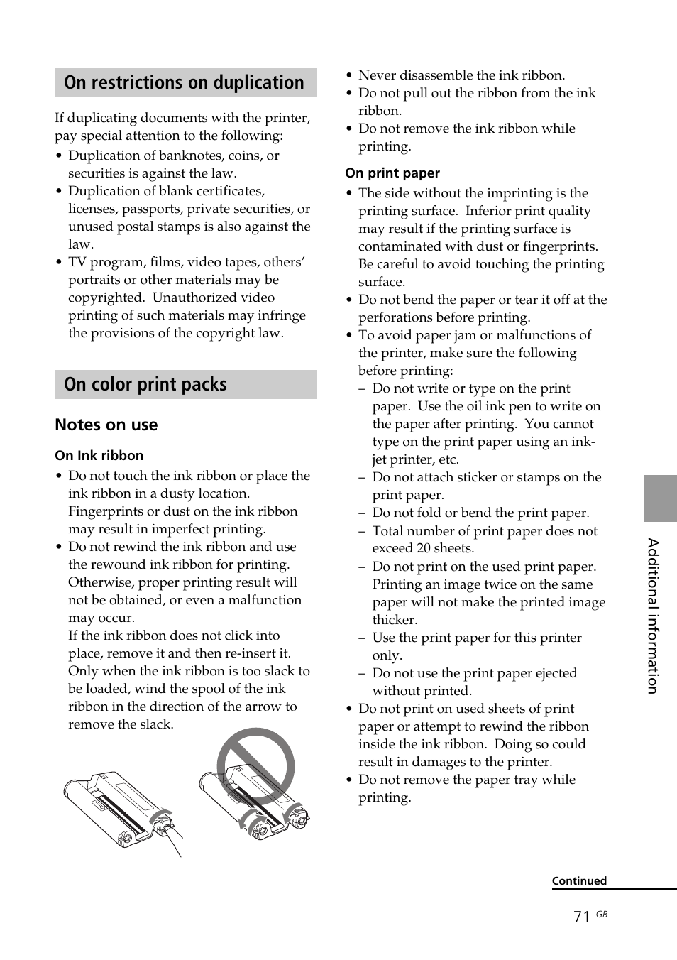 On restrictions on duplication, On color print packs, Notes on use | Sony DPP-FP70 User Manual | Page 71 / 84