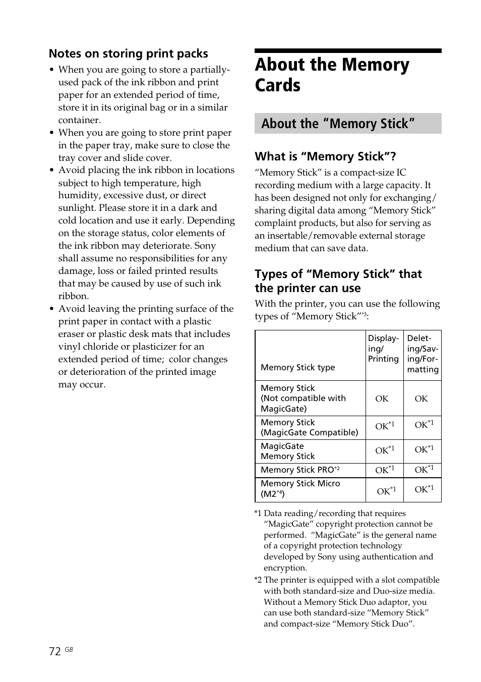 About the memory cards, About the “memory stick, Types | Sony DPP-FP70 User Manual | Page 72 / 84