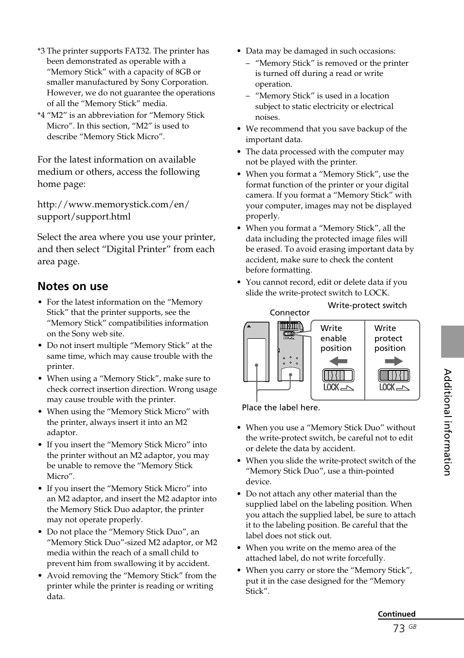 Notes on use, Write-protect switch | Sony DPP-FP70 User Manual | Page 73 / 84