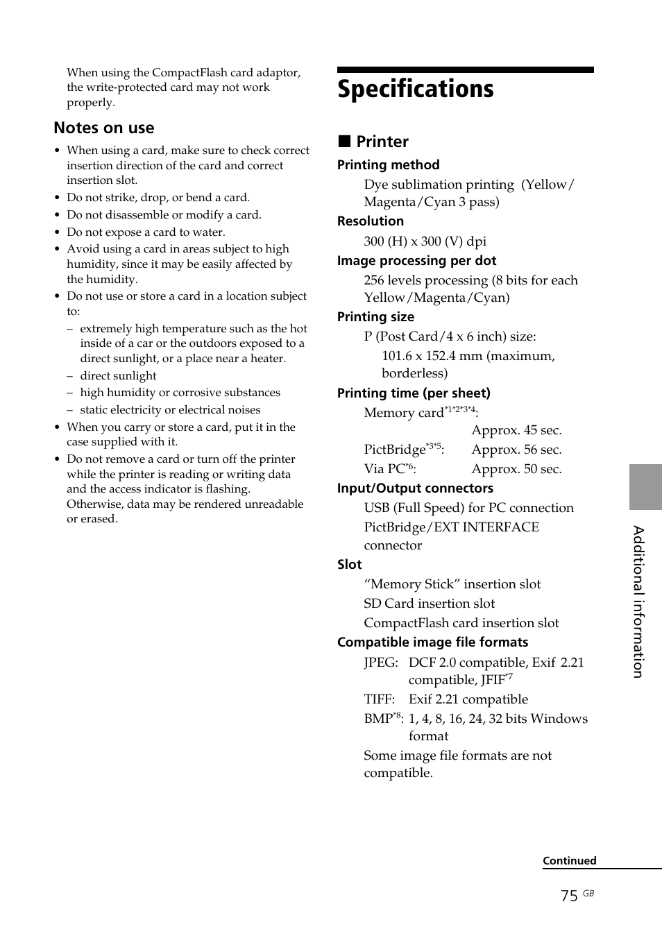 Specifications, Xprinter | Sony DPP-FP70 User Manual | Page 75 / 84