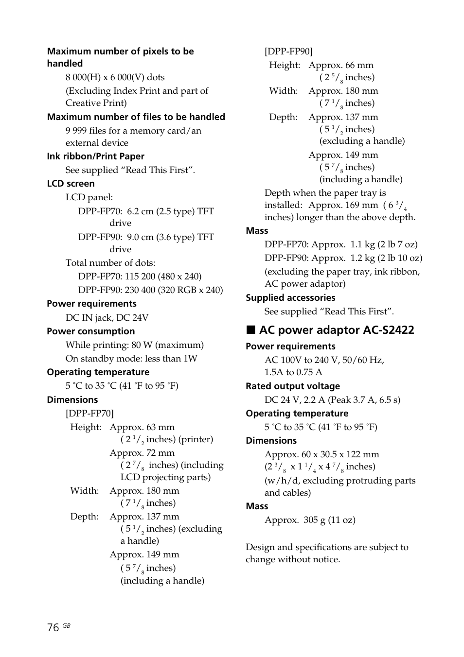 Xac power adaptor ac-s2422 | Sony DPP-FP70 User Manual | Page 76 / 84