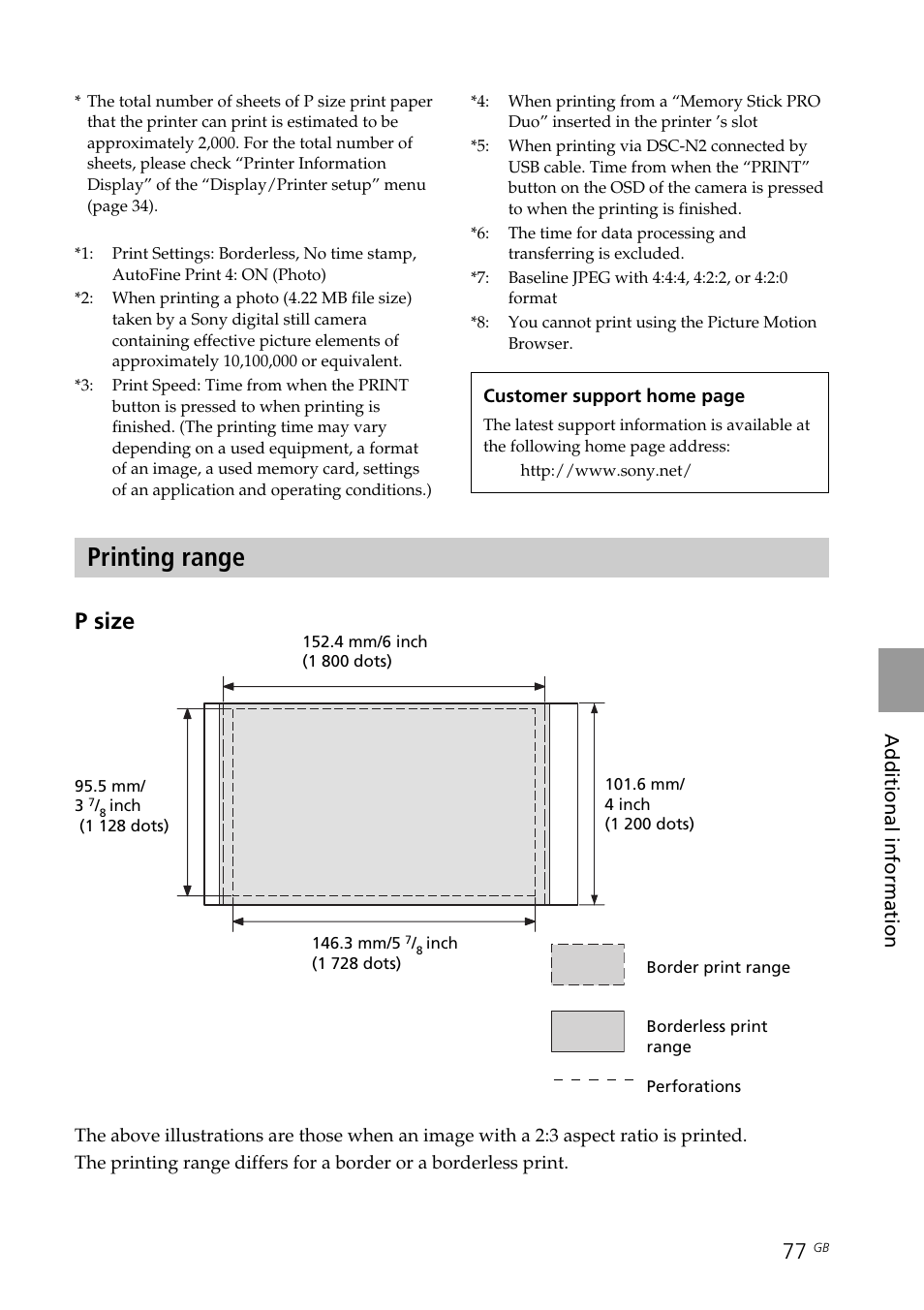 Printing range, P size | Sony DPP-FP70 User Manual | Page 77 / 84