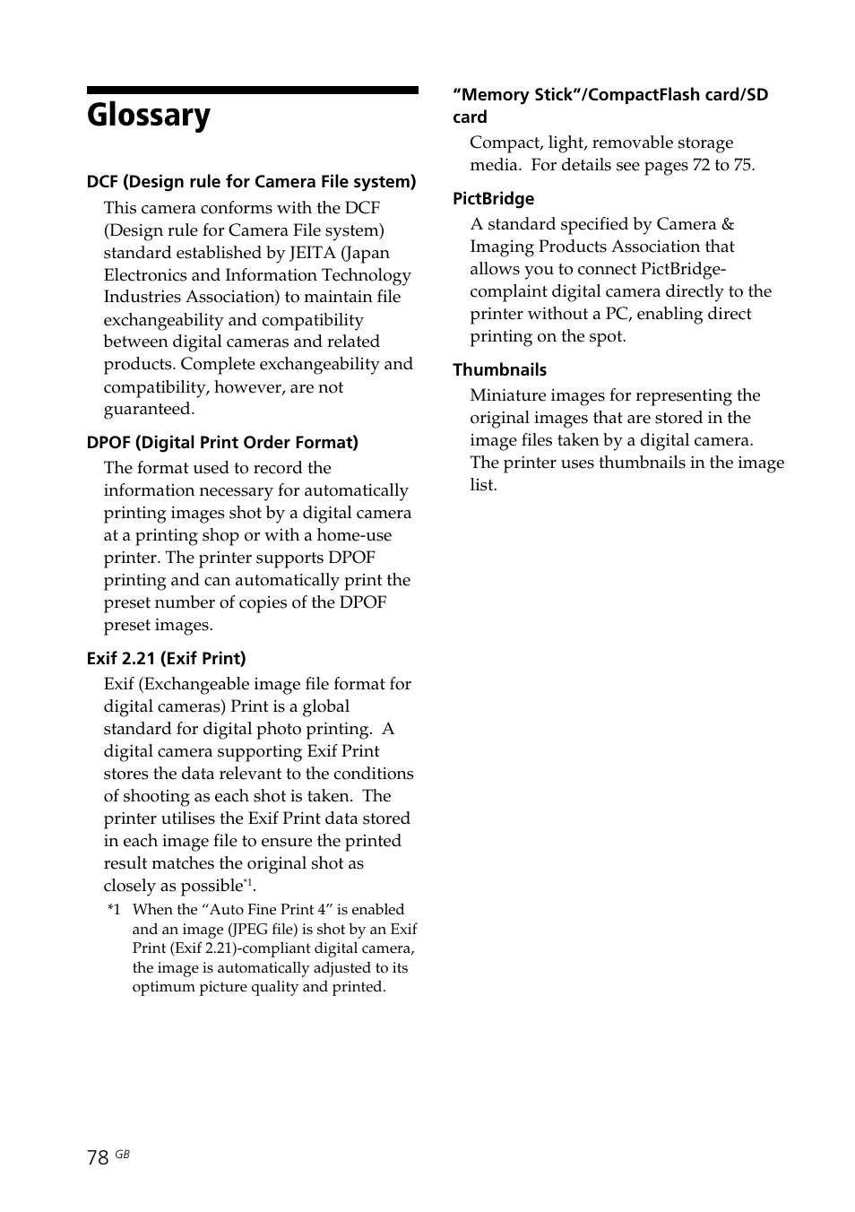 Glossary | Sony DPP-FP70 User Manual | Page 78 / 84
