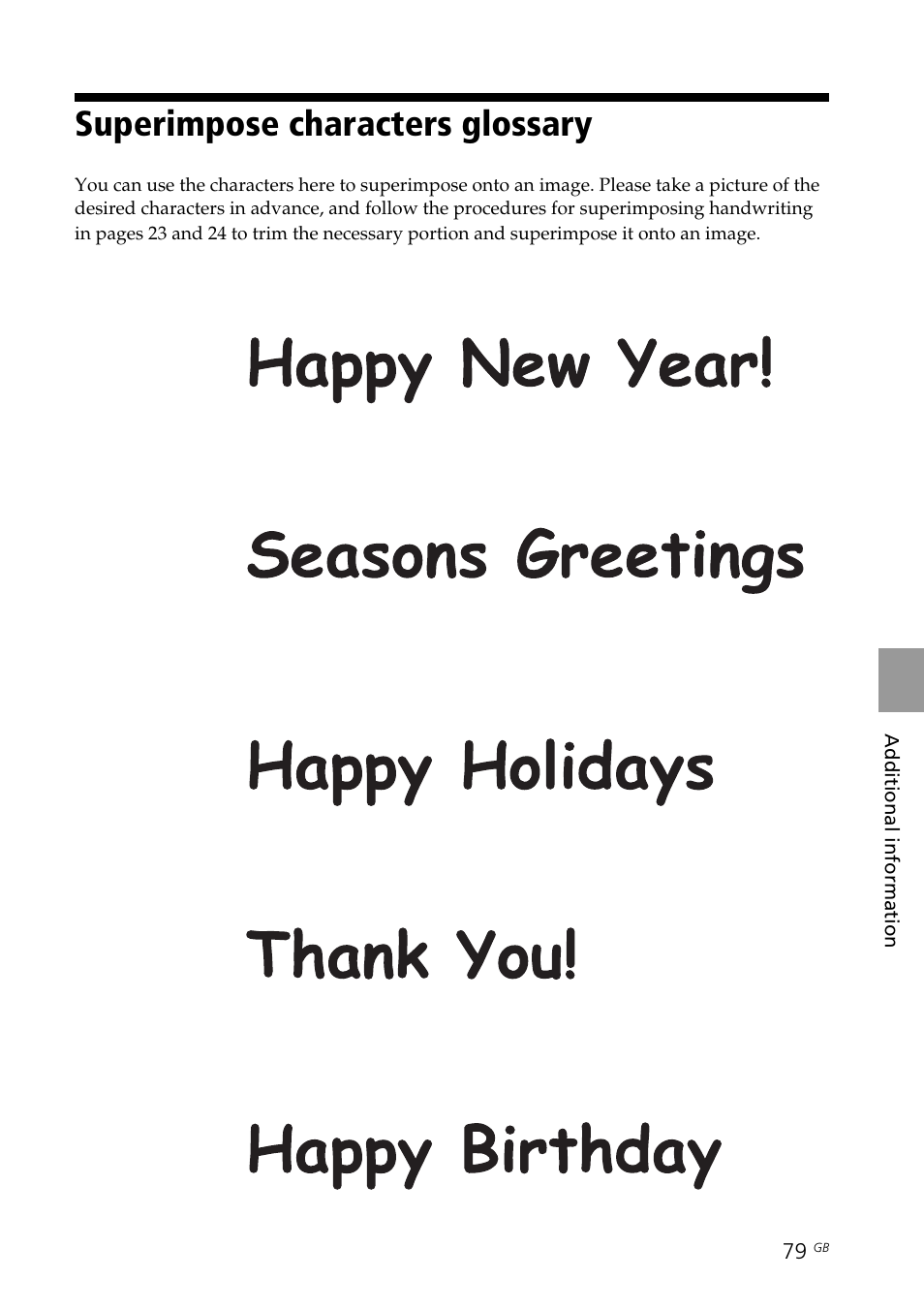 Superimpose characters glossary | Sony DPP-FP70 User Manual | Page 79 / 84