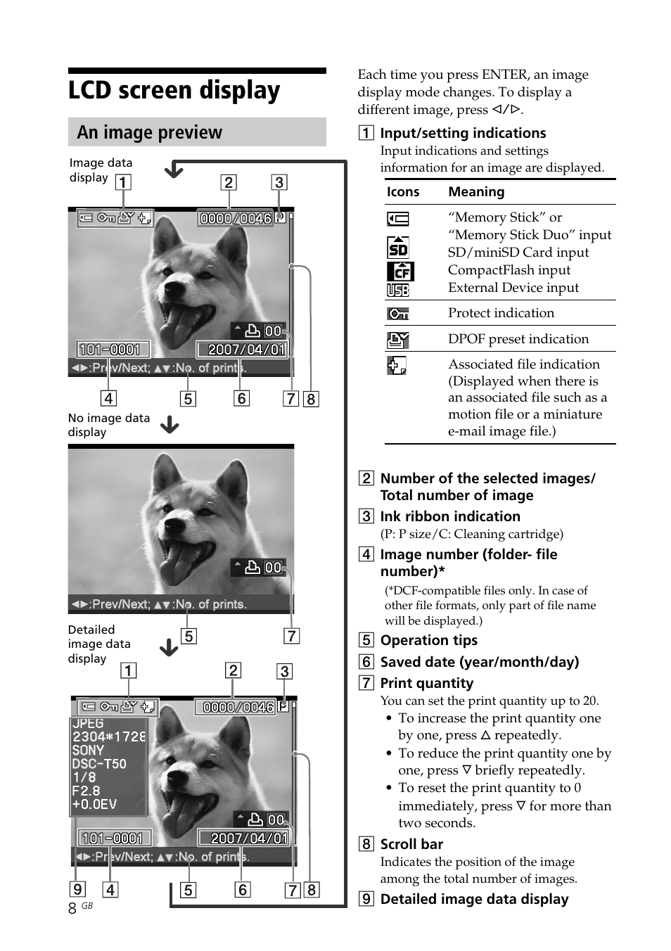 Lcd screen display, An image preview, Associated file indication | Changing the display, Detailed image data display, Dpof, Image data display, Image preview, Input indications, Lcd screen | Sony DPP-FP70 User Manual | Page 8 / 84