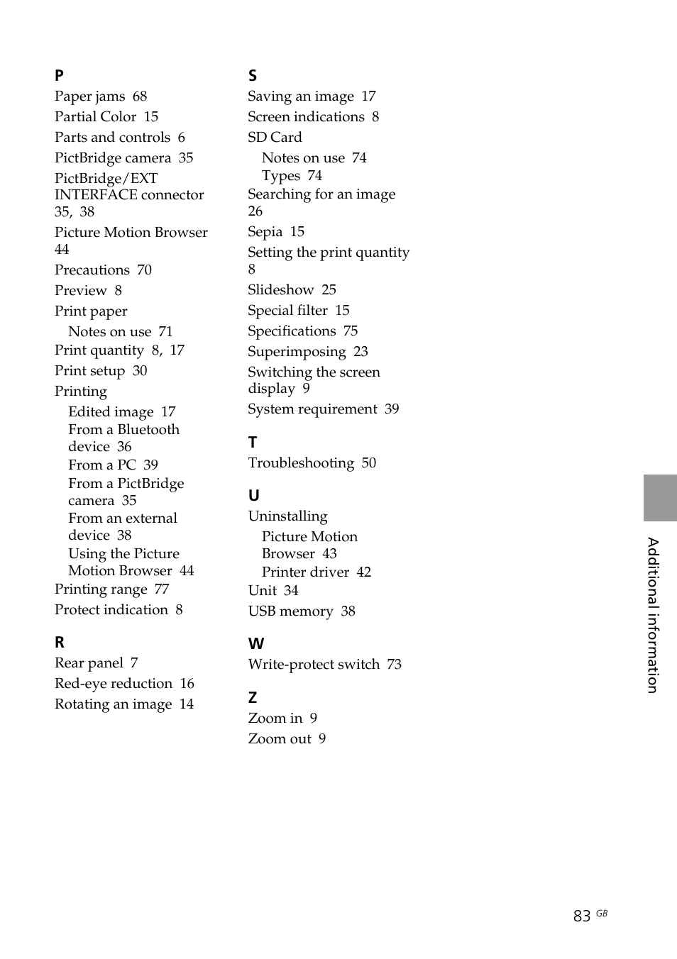 Print paper, Printing, Sd card | Uninstalling | Sony DPP-FP70 User Manual | Page 83 / 84