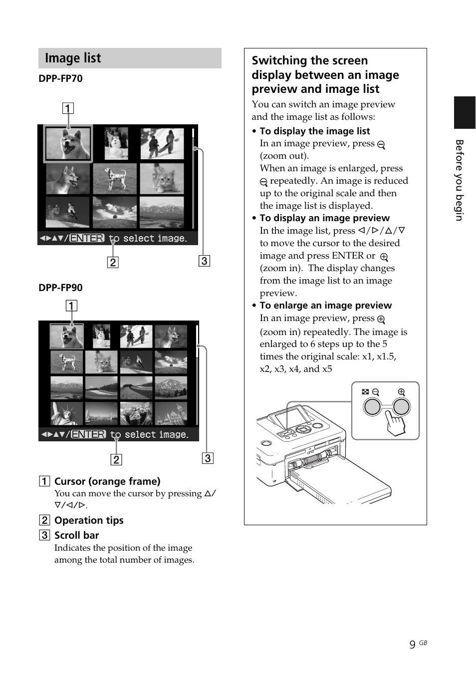 Image list, Enlarging and reducing an image size, Switching the screen display | Zoom in, Zoom out | Sony DPP-FP70 User Manual | Page 9 / 84