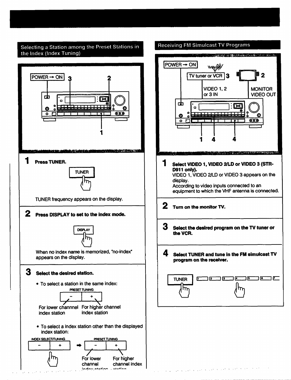 Press display to set to the index mode, Select the desired station, Turn on the monitor tv | Sony STR-D711 User Manual | Page 19 / 36