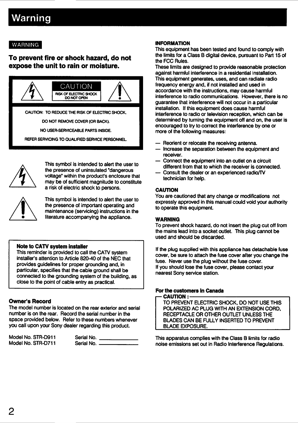 Warning, Note to catv system installer, Information | Cau'non, For the customers in canada 1— caution | Sony STR-D711 User Manual | Page 2 / 36