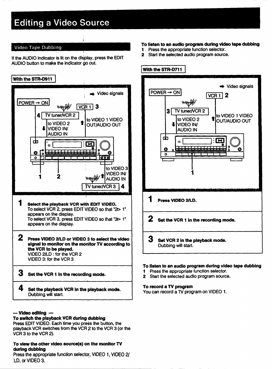 With the str-d911, Set the vcr 1 in the recording mode, 4 set the piayback vcr in the piayback mode | With the str-d711, Set vcr 2 in the playback mode, To record a tv program, Video editing, To switch the playback vcr during dubbing, Editing a video source | Sony STR-D711 User Manual | Page 21 / 36