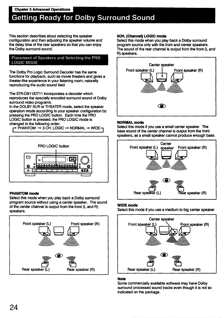 Chpater 3 advanced operations, Phantom mode, Wide mode | Getting ready for dolby surround sound | Sony STR-D711 User Manual | Page 24 / 36