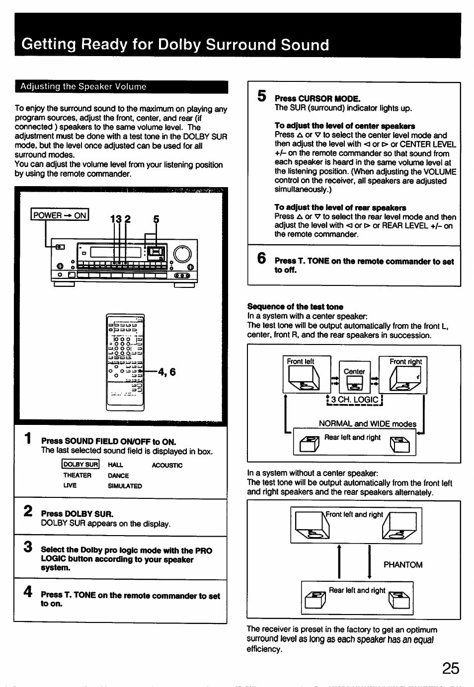 5 press cursor mode, To adjust the level of center speakers, To adjust the level of rear speakers | Sequence of the test tone, Press sound field on/off to on, 2 press dolby sur, Press t. tone on the remote commander to set toon, Adjusting the delay time of the rear speakers, Getting ready for dolby surround sound | Sony STR-D711 User Manual | Page 25 / 36