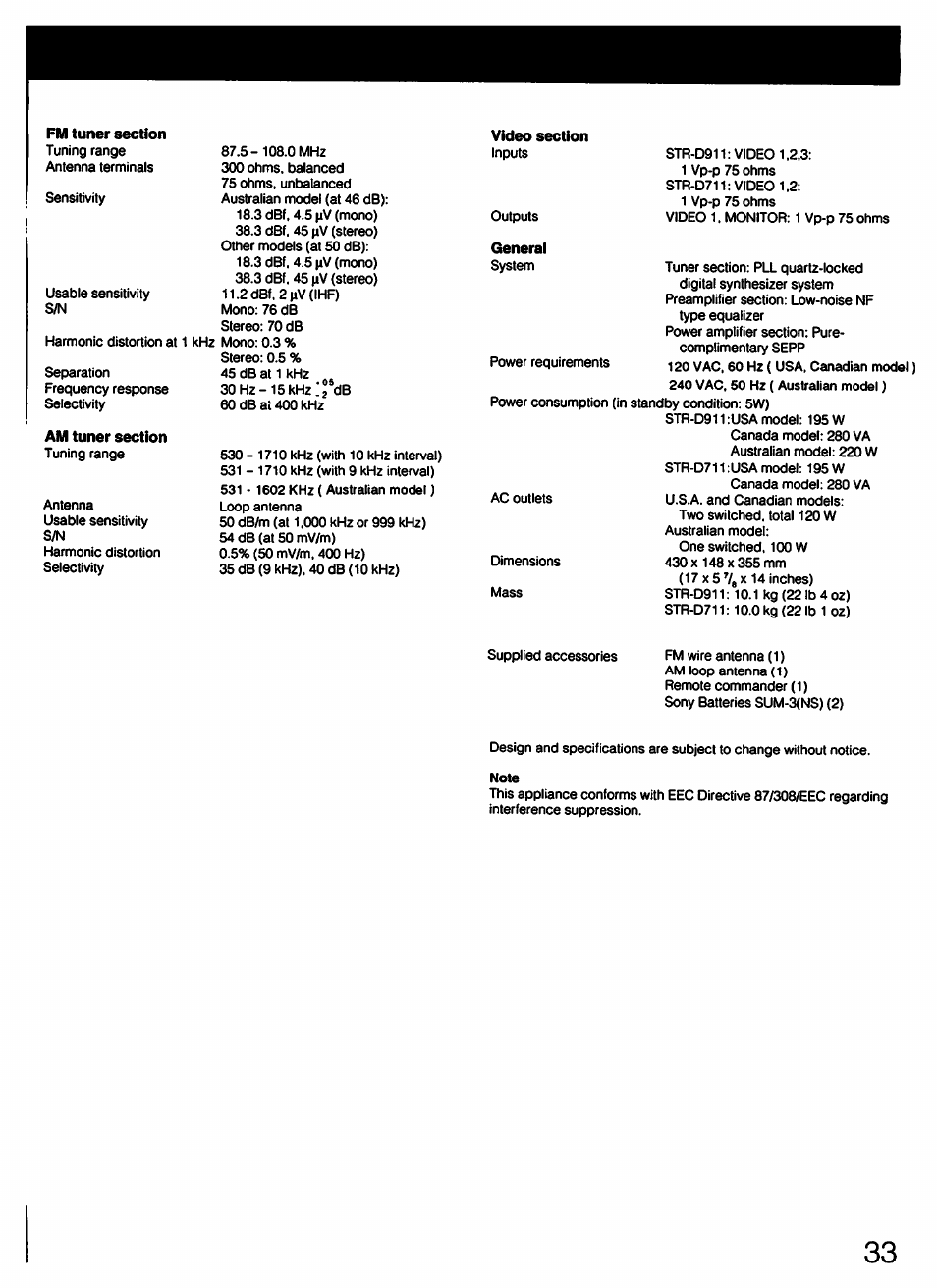 Fm tuner section, Video section, General | Am tuner section | Sony STR-D711 User Manual | Page 33 / 36