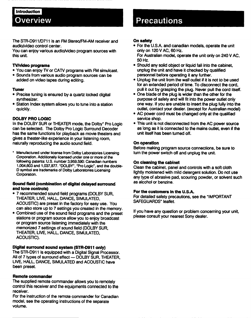 Pntroducti, Precautions, Tv/video programs | Tuner, Dolby pro logic, Digital surround sound system (str-d911 only), Remote commander, On safety, On operation, On cleaning the cabinet | Sony STR-D711 User Manual | Page 4 / 36