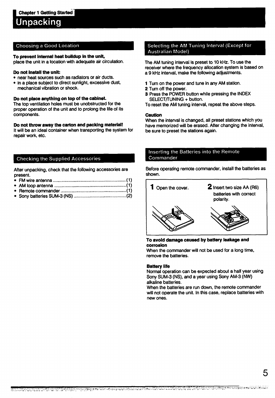 I chapter 1 getting started, Unpacking, To prevent internal heat buildup in the unit | Do not install the unit, Do not place anything on top of the cabinet, Do not throw away the carton and packing material, Battery life | Sony STR-D711 User Manual | Page 5 / 36