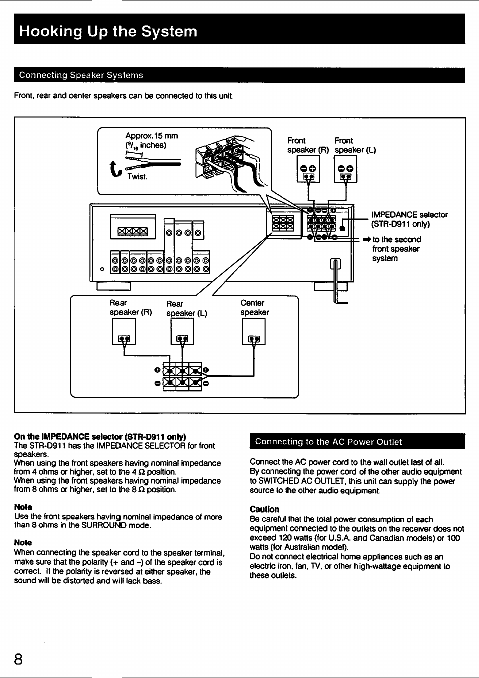 On the impedance selector (str-d911 only), Note, Caution | Hooking up the system | Sony STR-D711 User Manual | Page 8 / 36