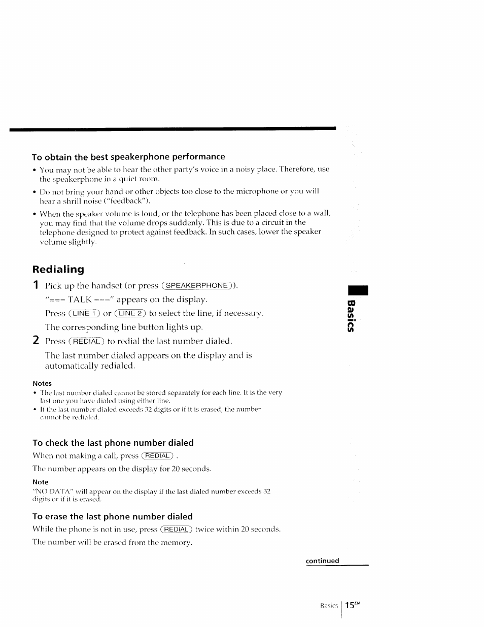 To obtain the best speakerphone performance, Redialing, To check the last phone number dialed | To erase the last phone number dialed, Redialing 1 | Sony IT-M602 User Manual | Page 15 / 40