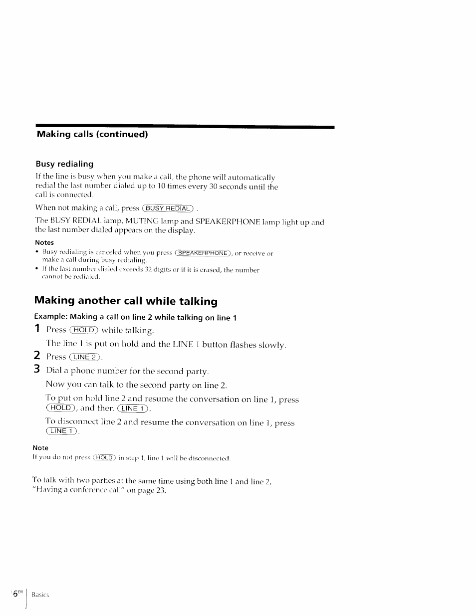 Busy redialing, Making another call while talking | Sony IT-M602 User Manual | Page 16 / 40