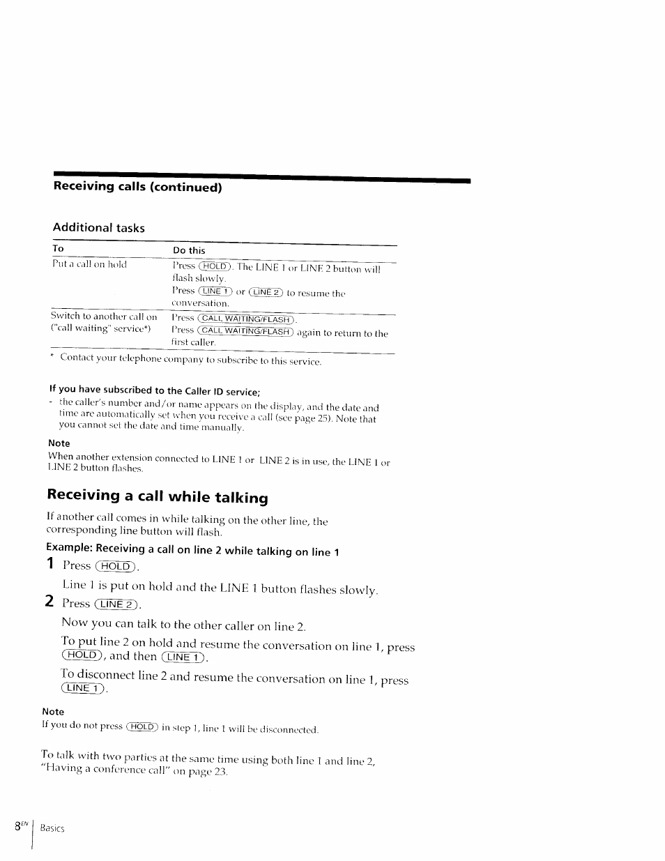 Additional tasks, Receiving a call while talking, Tiolg) | Sony IT-M602 User Manual | Page 18 / 40