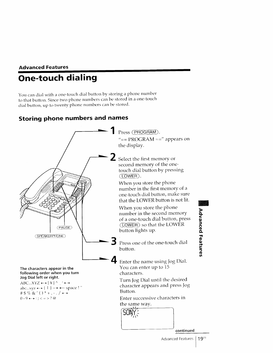 Advanced features, One-touch dialing, Storing phone numbers and names | Sony IT-M602 User Manual | Page 19 / 40