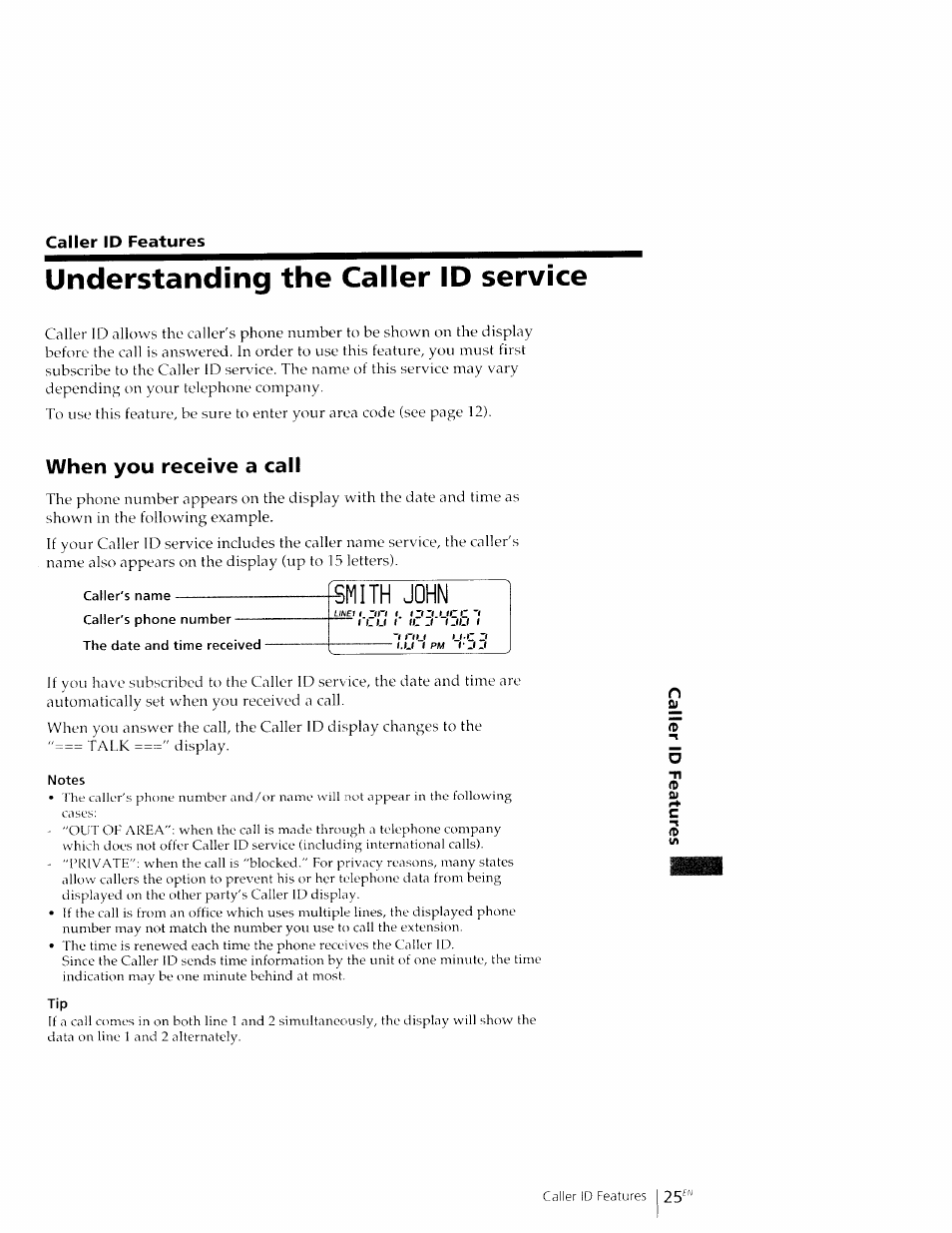 Caller id features, Understanding the caller id service, When you receive a call | Smith john | Sony IT-M602 User Manual | Page 25 / 40