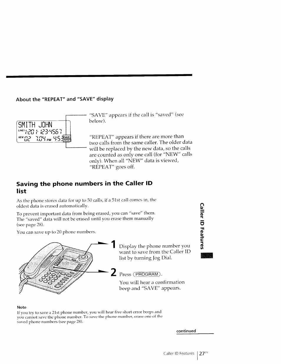 About the "repeat" and "save" display, Saving the phone numbers in the caller id list, Smith john | Sony IT-M602 User Manual | Page 27 / 40