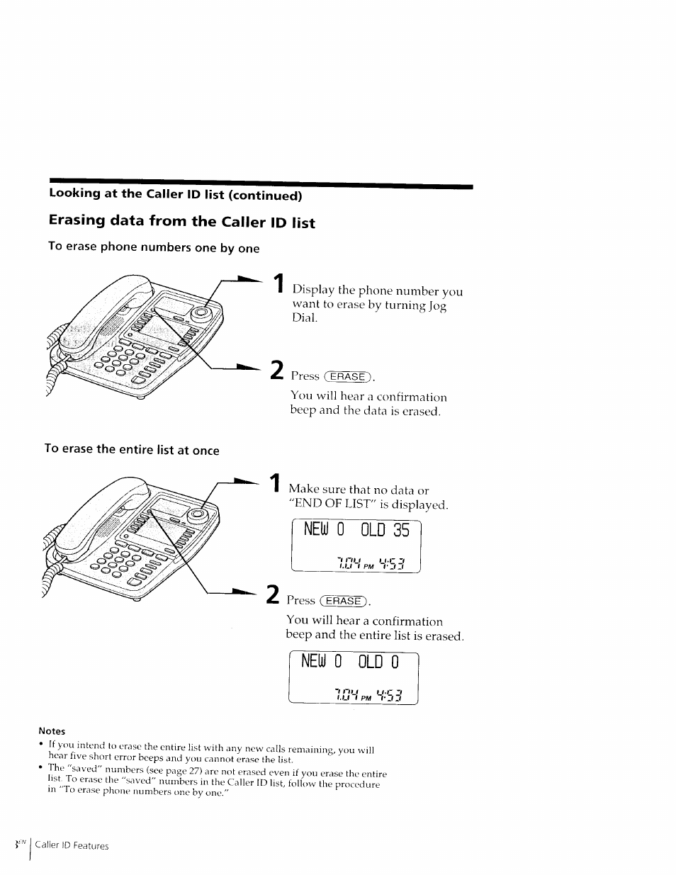 Looking at the caller id list (continued), Erasing data from the caller id list, To erase phone numbers one by one | Sony IT-M602 User Manual | Page 28 / 40