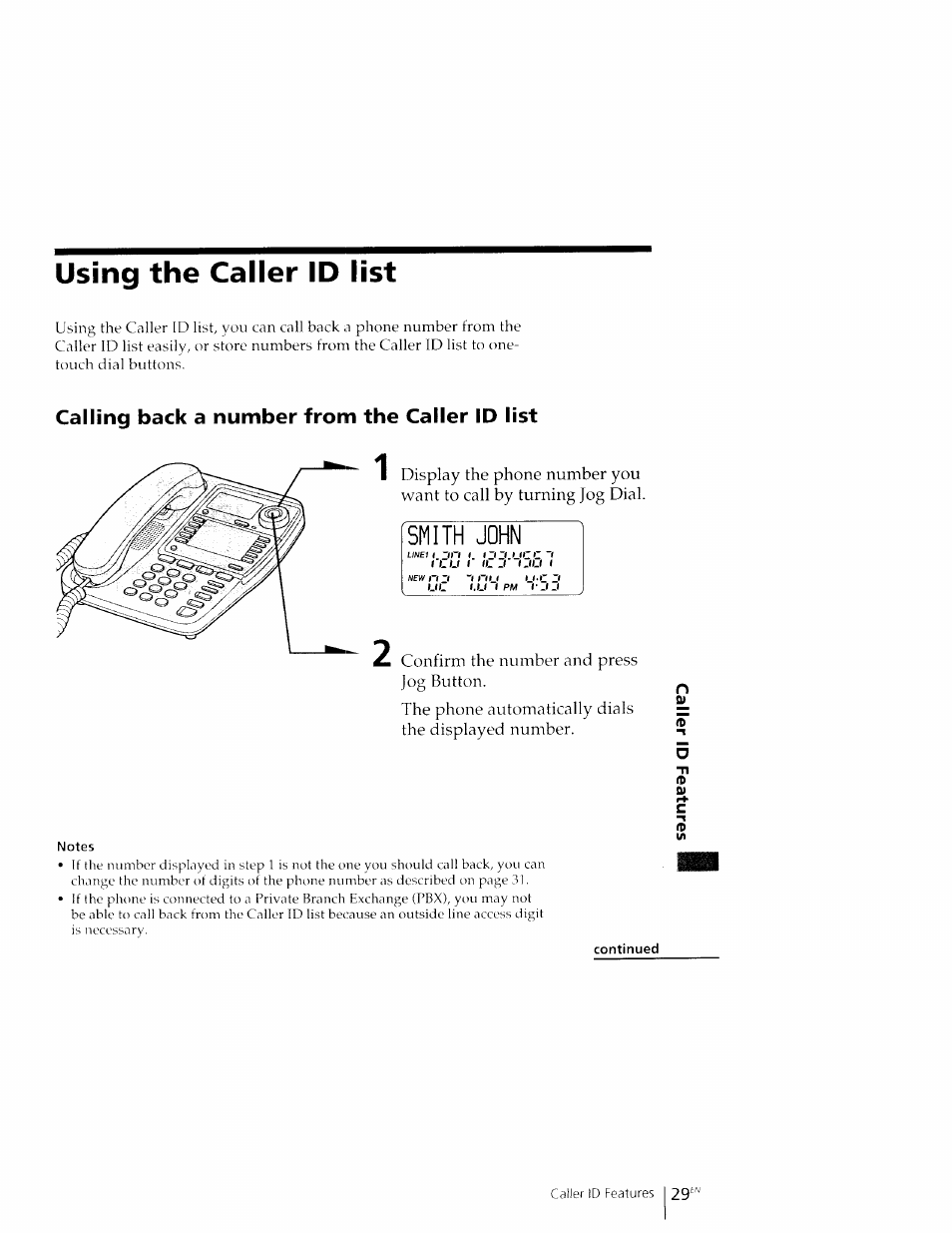 Using the caller id list, Calling back a number from the caller id list, Smith john | Sony IT-M602 User Manual | Page 29 / 40