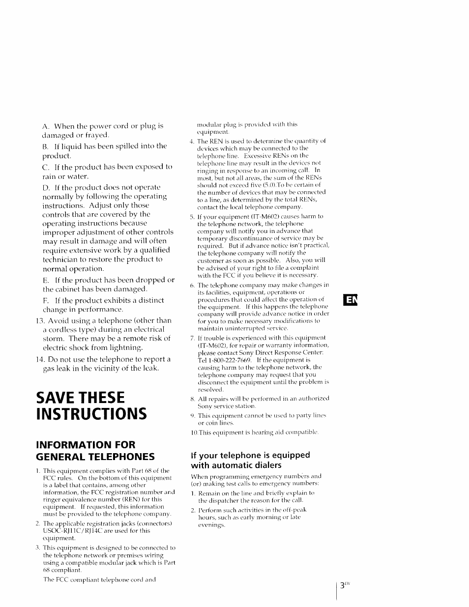 Save these instructions, Information for general telephones | Sony IT-M602 User Manual | Page 3 / 40