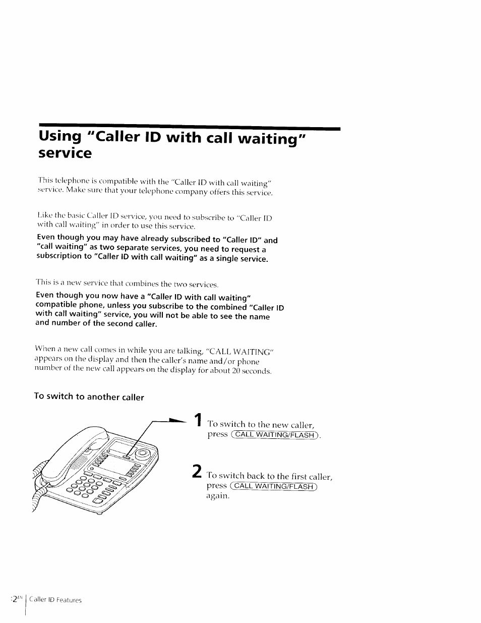 Using "caller id with call waiting service, To switch to another caller | Sony IT-M602 User Manual | Page 32 / 40