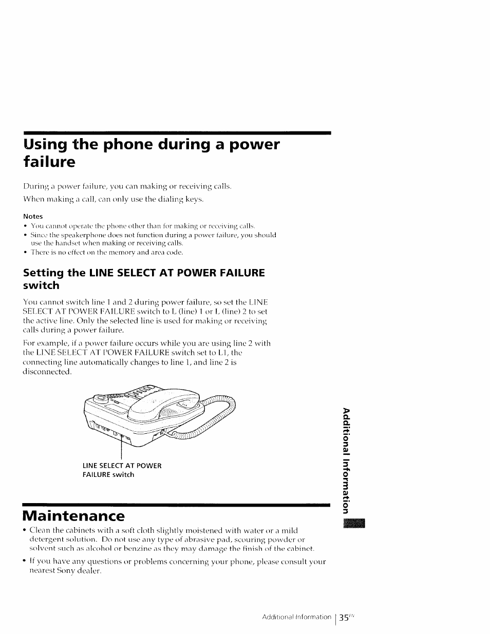 Using the phone during a power failure, Setting the line select at power failure switch, Maintenance | Sony IT-M602 User Manual | Page 35 / 40