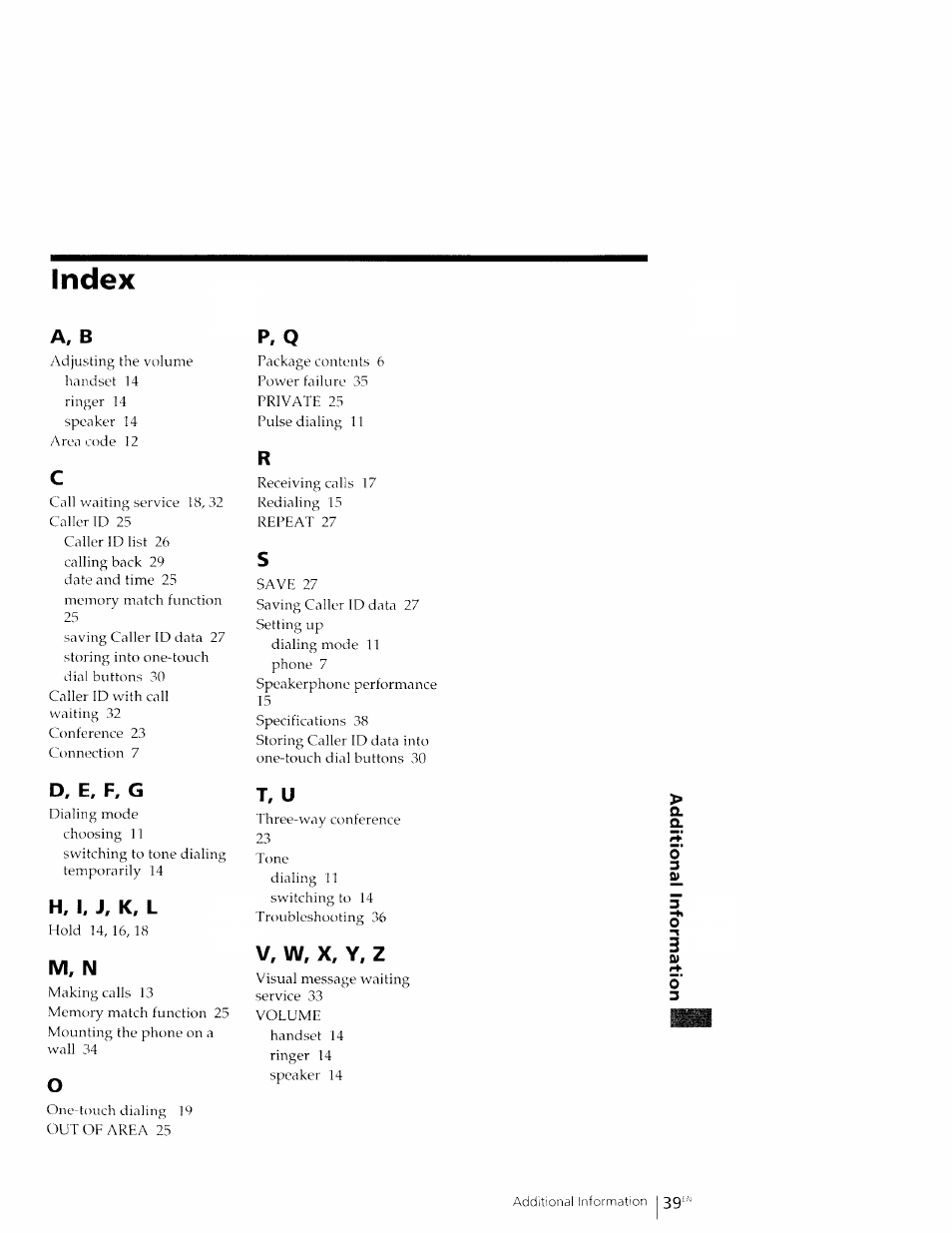 Index, A, b, D, e, f, g | H, i, M, n, T, u, V, w, x, y, z, P, q | Sony IT-M602 User Manual | Page 39 / 40