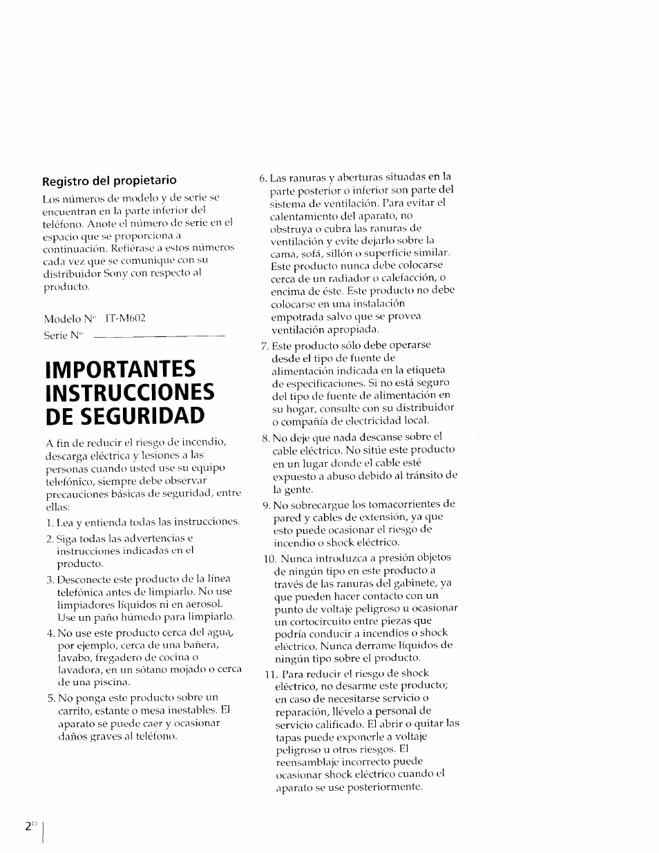 Registro del propietario, Importantes instrucciones de seguridad | Sony IT-M602 User Manual | Page 40 / 40