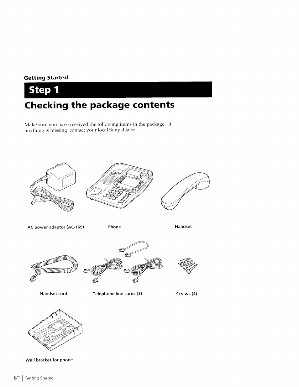 Getting started, Step 1, Checking the package contents | Sony IT-M602 User Manual | Page 6 / 40