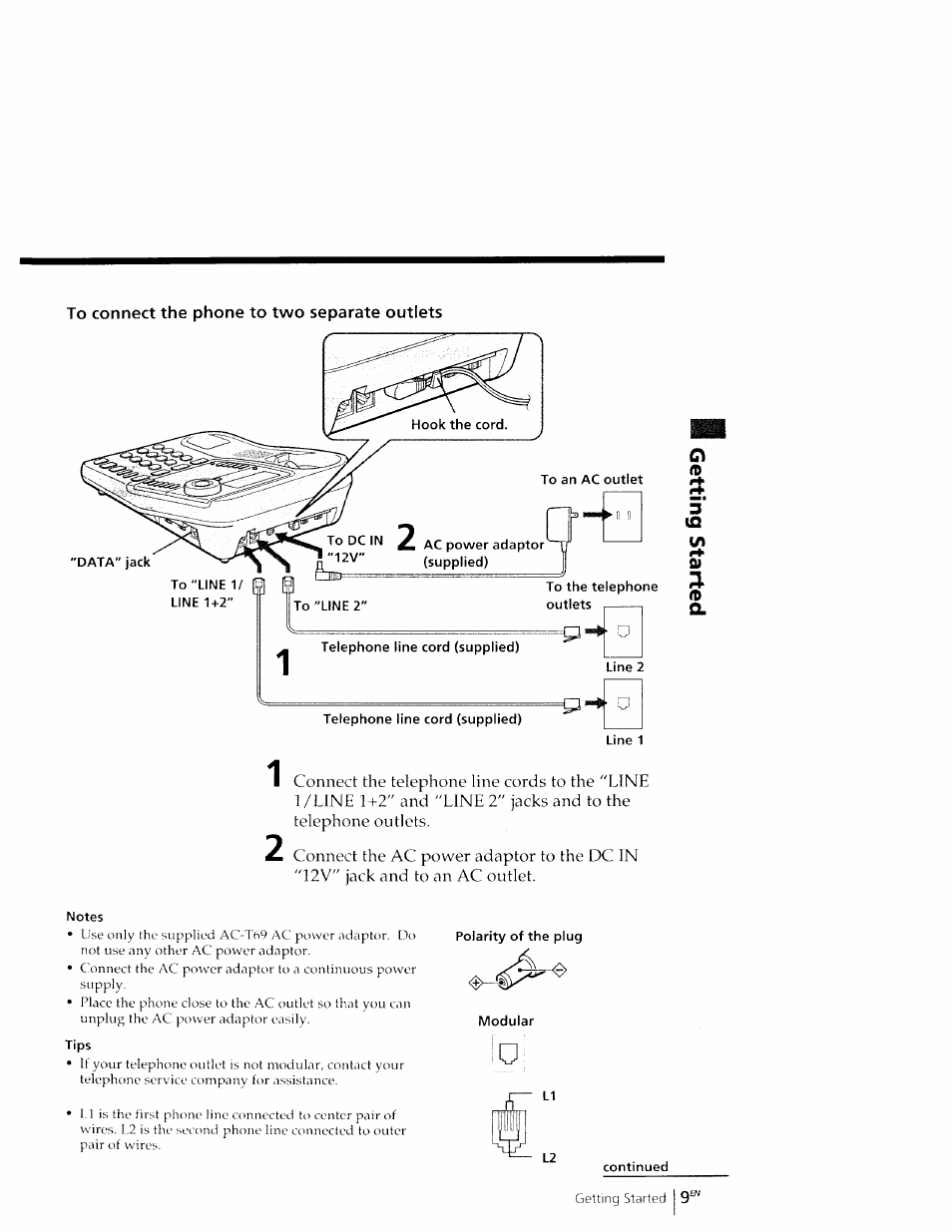 To connect the phone to two separate outlets | Sony IT-M602 User Manual | Page 9 / 40