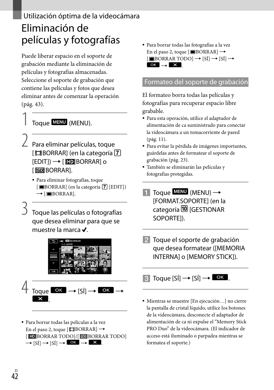 Utilización óptima de la videocámara, Eliminación de películas y fotografías | Sony HDR-TG5V User Manual | Page 108 / 135