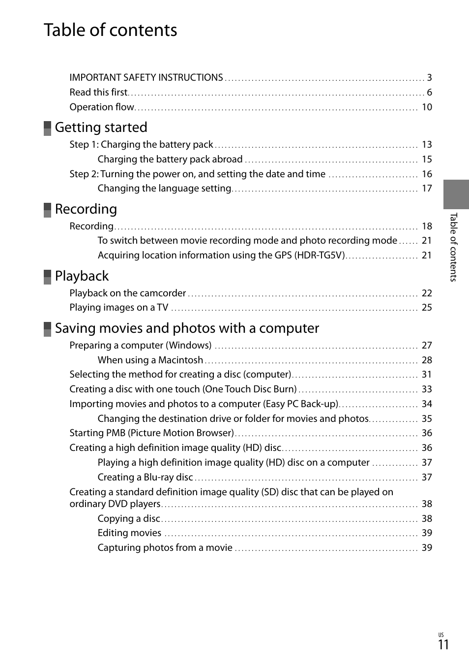 Sony HDR-TG5V User Manual | Page 11 / 135