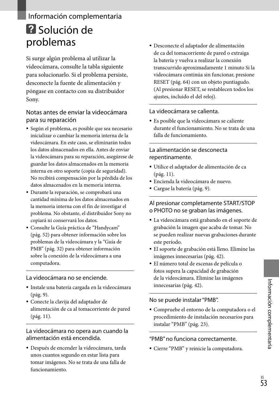 Información complementaria, Solución de problemas | Sony HDR-TG5V User Manual | Page 119 / 135