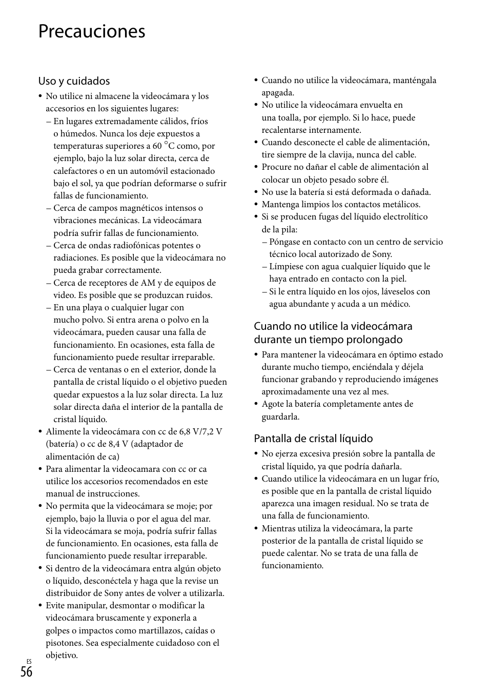 Precauciones, Uso y cuidados, Pantalla de cristal líquido | Sony HDR-TG5V User Manual | Page 122 / 135