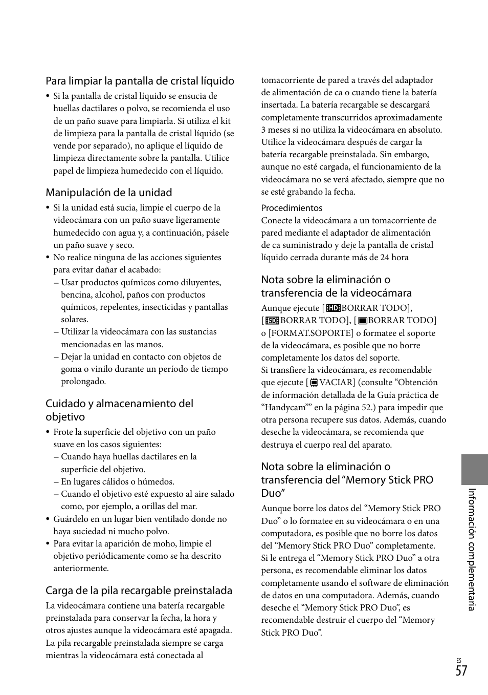 Para limpiar la pantalla de cristal líquido, Manipulación de la unidad, Cuidado y almacenamiento del objetivo | Carga de la pila recargable preinstalada | Sony HDR-TG5V User Manual | Page 123 / 135