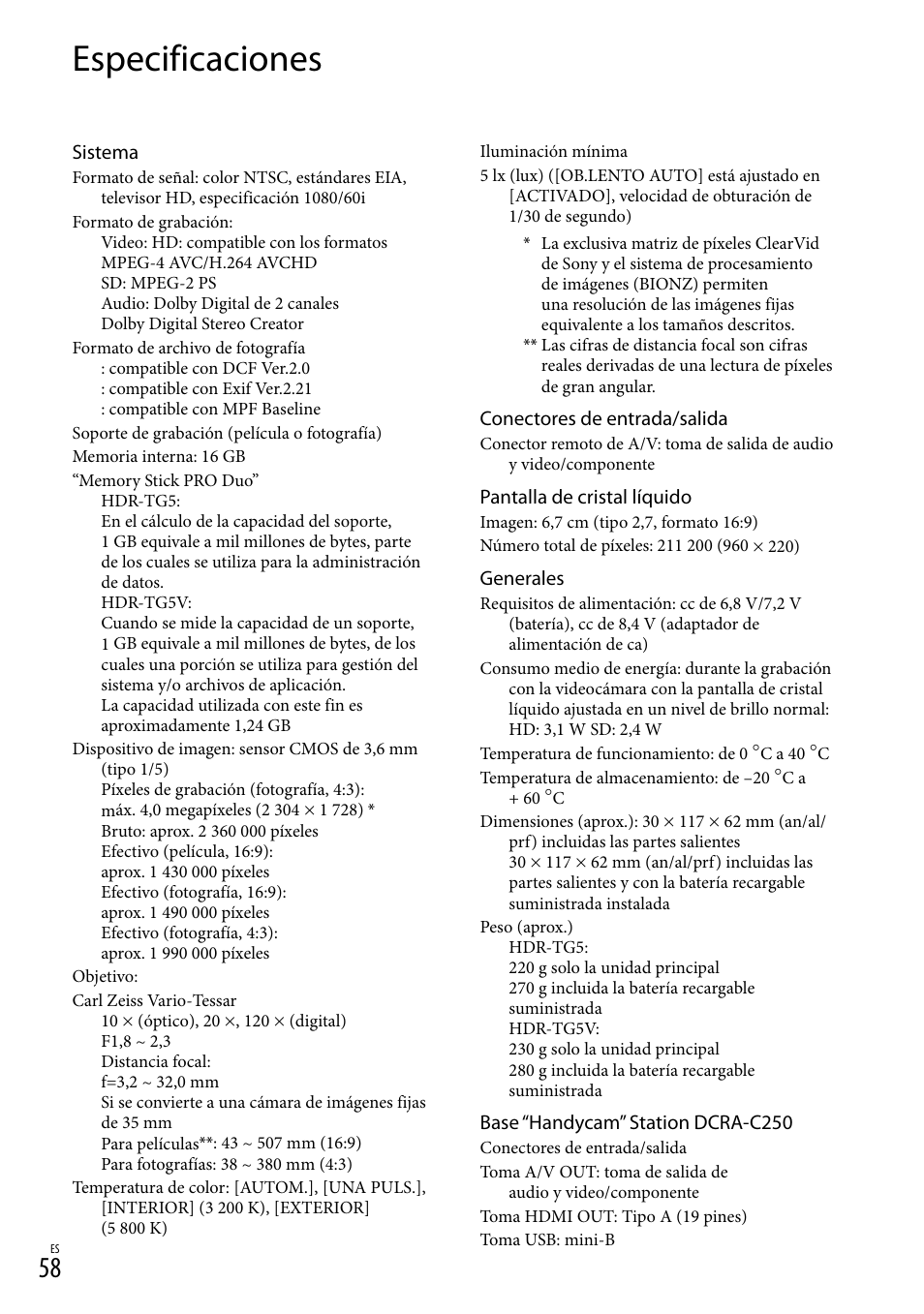 Especificaciones | Sony HDR-TG5V User Manual | Page 124 / 135