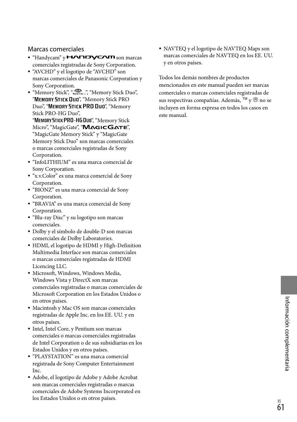 Marcas comerciales | Sony HDR-TG5V User Manual | Page 127 / 135