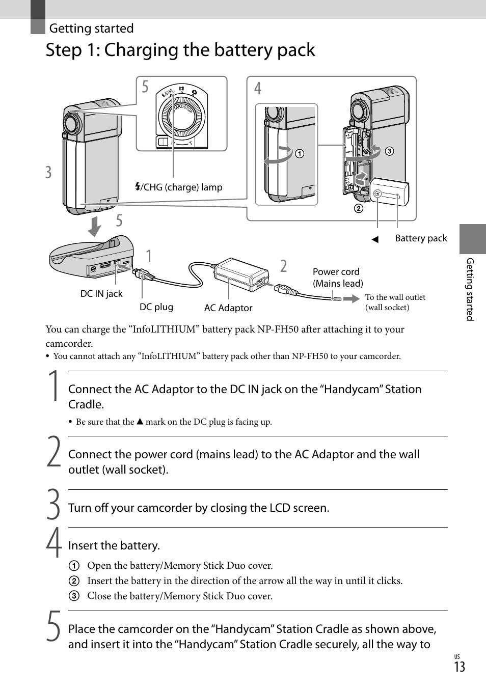 Getting started, Step 1: charging the battery pack | Sony HDR-TG5V User Manual | Page 13 / 135