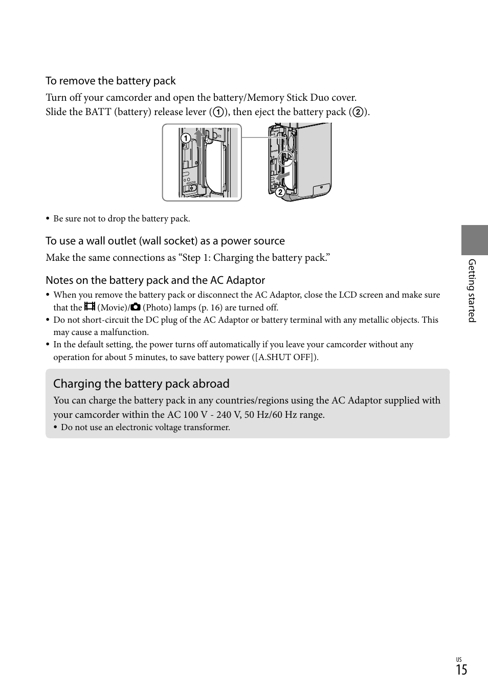 Charging the battery pack abroad | Sony HDR-TG5V User Manual | Page 15 / 135