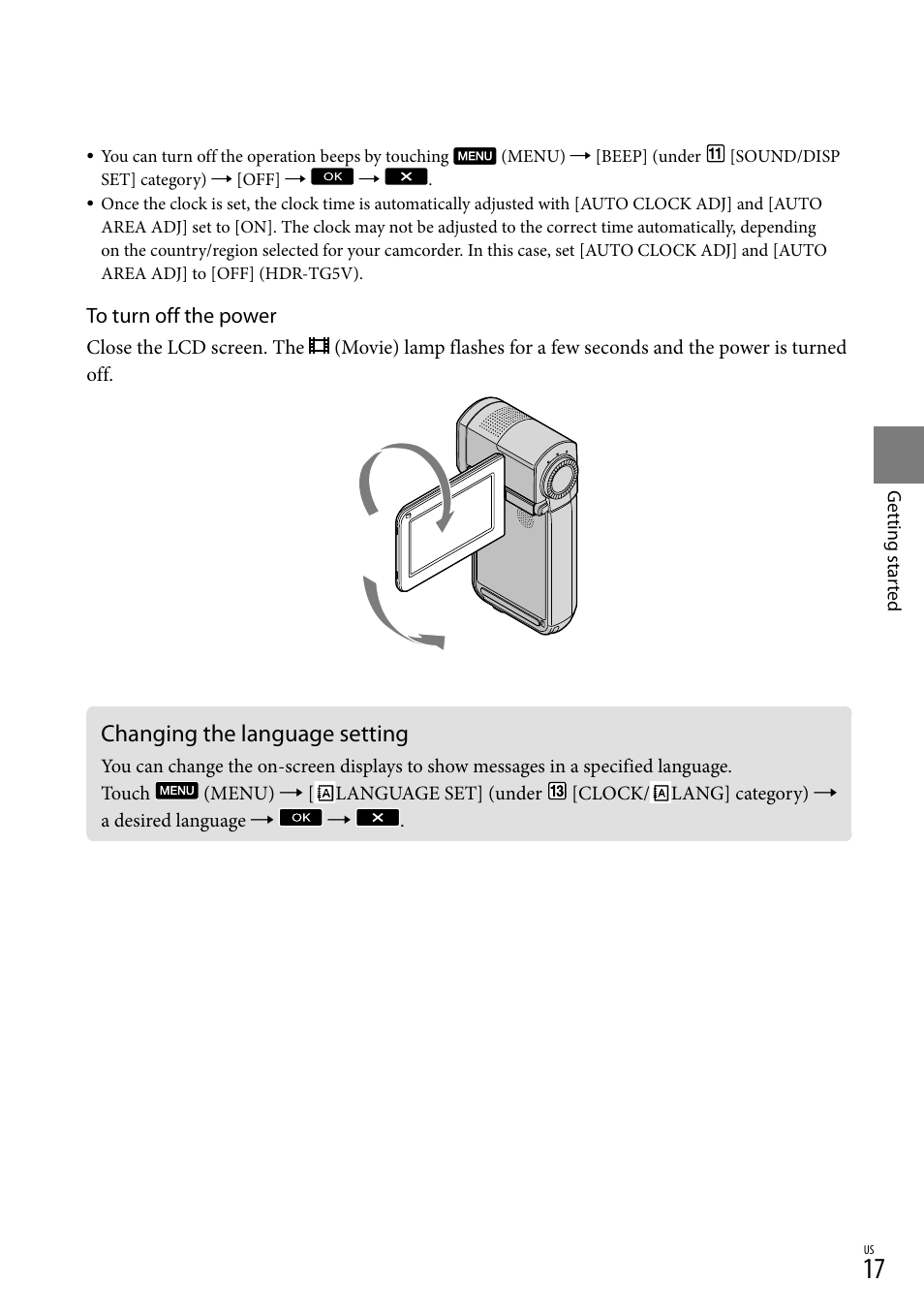 Changing the language setting | Sony HDR-TG5V User Manual | Page 17 / 135